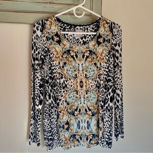 Chico's Elegant Scoop Neck Top, Blue, Gold, and Black Design